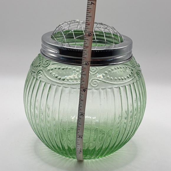 ASP Vintage Green Glass Flashing Pressed Glass Bowl with Dome Wire Frog MCM - Picture 7 of 8